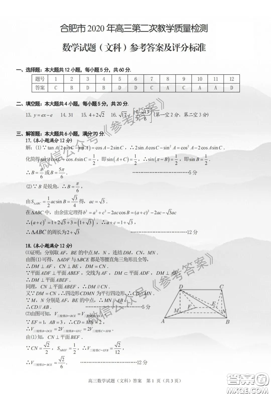 合肥市2020年高三第二次教學(xué)質(zhì)量檢測(cè)文科數(shù)學(xué)試題及答案