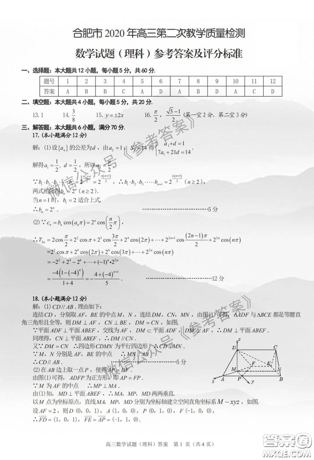 合肥市2020年高三第二次教學(xué)質(zhì)量檢測(cè)理科數(shù)學(xué)試題及答案