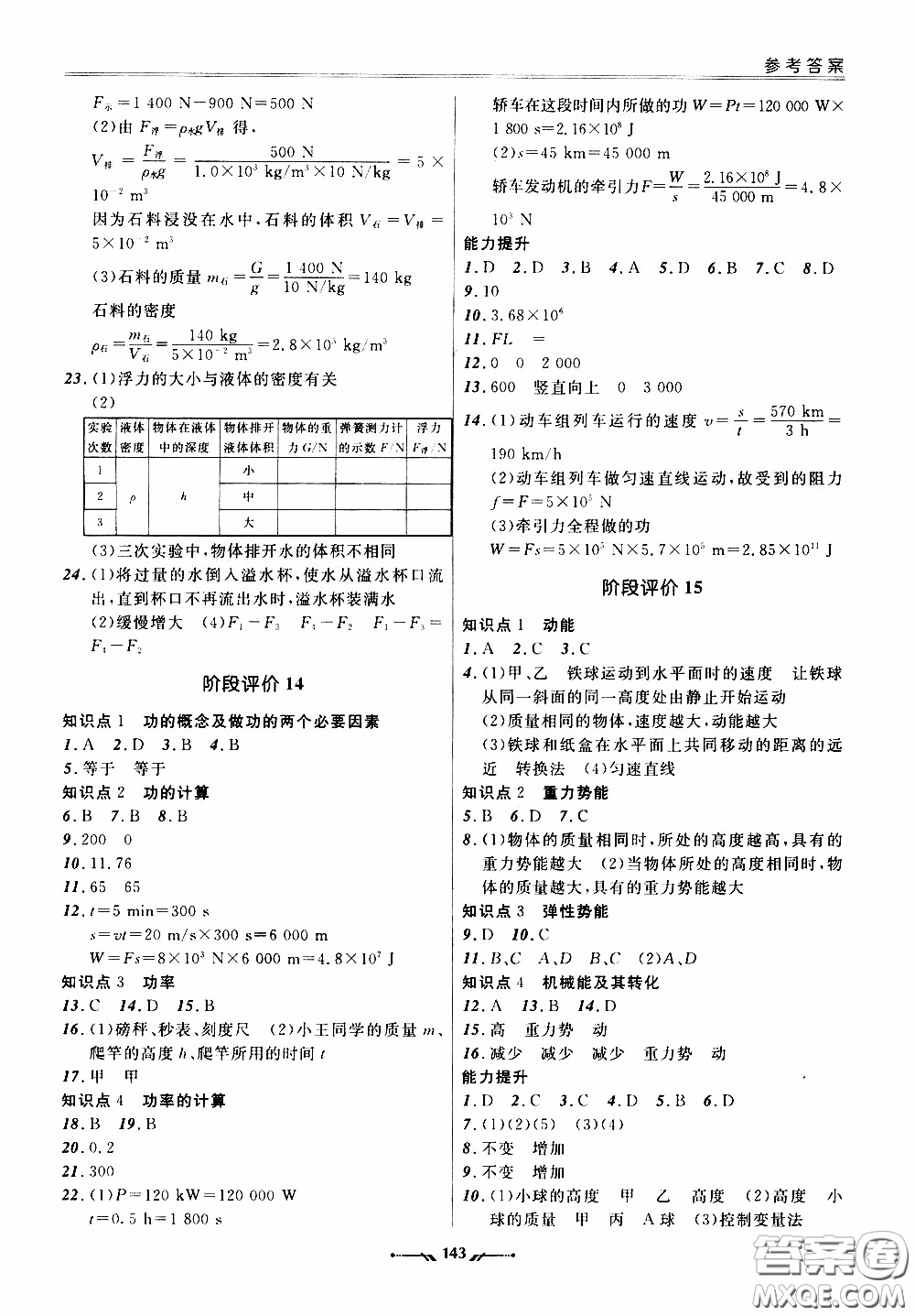 2020年新課程評價手冊物理八年級下冊人教版參考答案