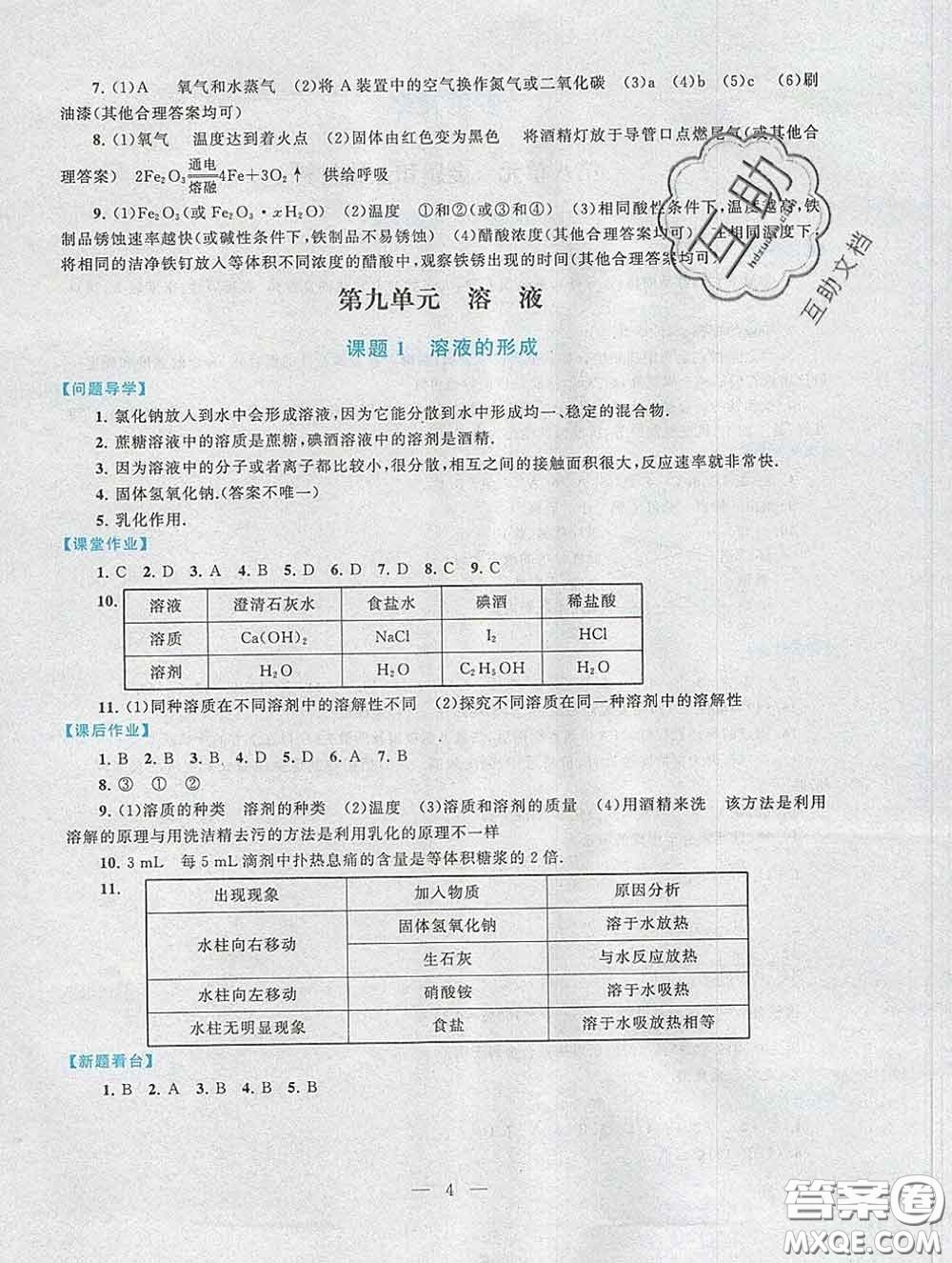 2020新版啟東黃岡作業(yè)本九年級化學(xué)下冊人教版答案