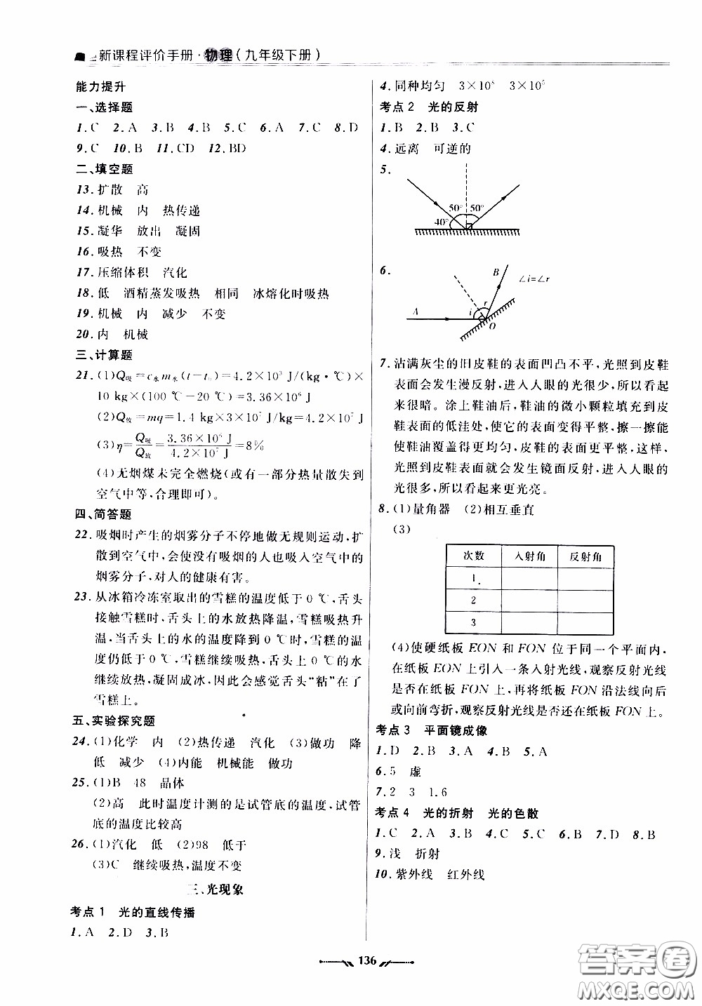 遼寧師范大學(xué)出版社2021新課程評價(jià)手冊九年級物理下冊答案