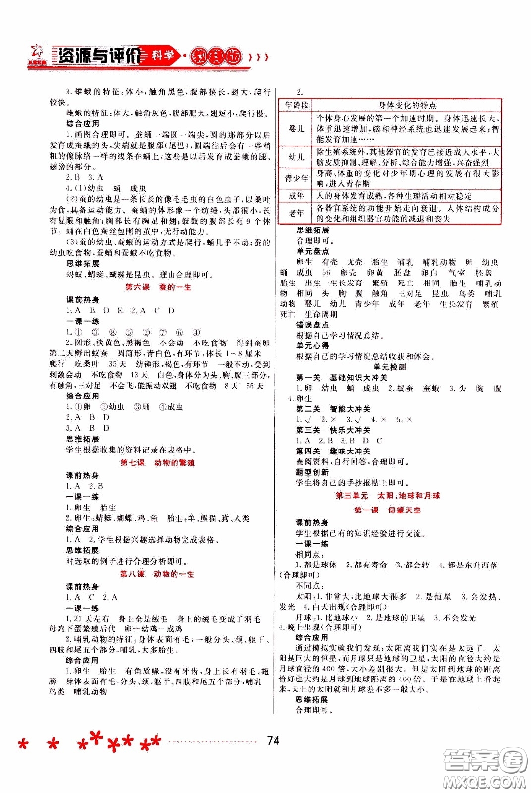 2020年資源與評價科學(xué)三年級下冊教科版參考答案