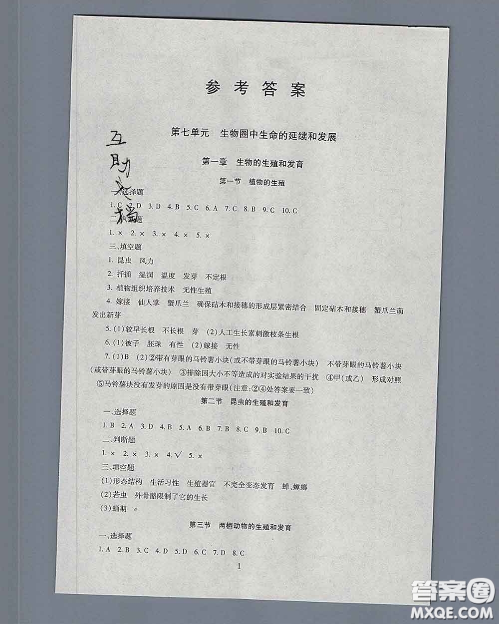 2020春海淀名師伴你學(xué)同步學(xué)練測八年級生物下冊人教版答案