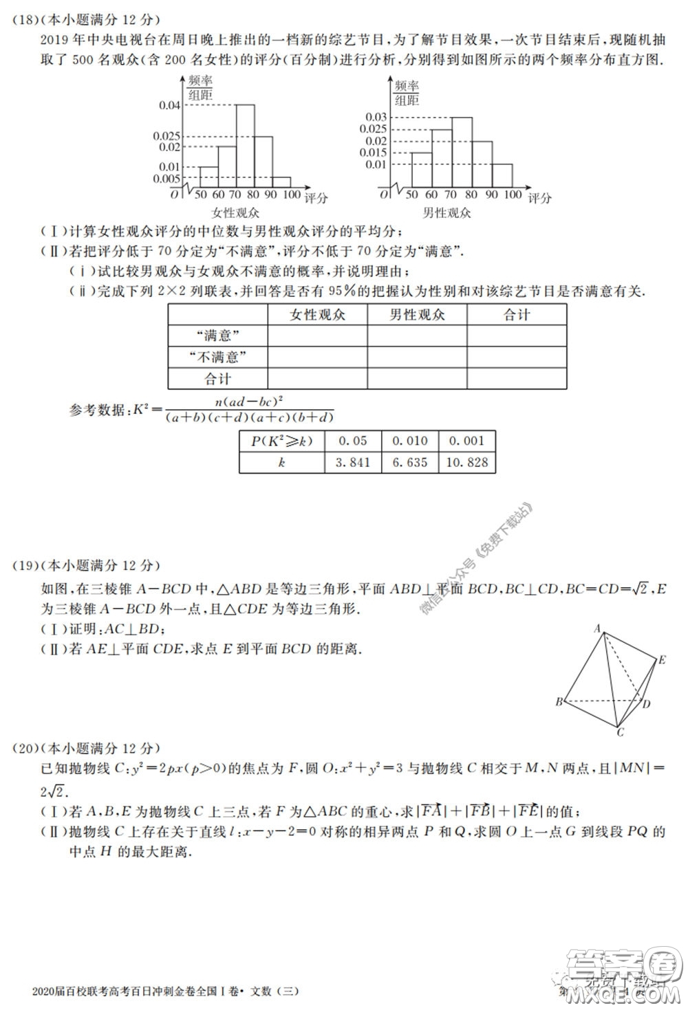 2020屆百校聯(lián)考高考百日沖刺金卷三全國一卷文數(shù)試題及答案