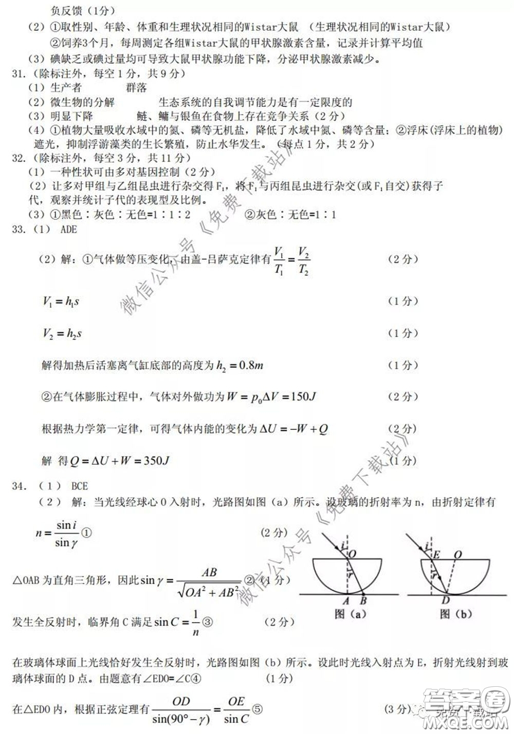 2020年內(nèi)蒙古赤峰市高三4月模擬考試理科綜合答案