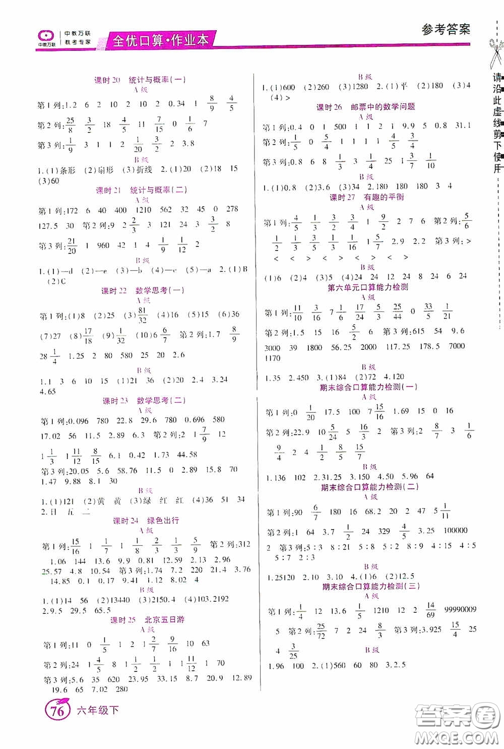 沈陽出版社2020中教萬聯(lián)全優(yōu)口算作業(yè)本六年級下冊答案