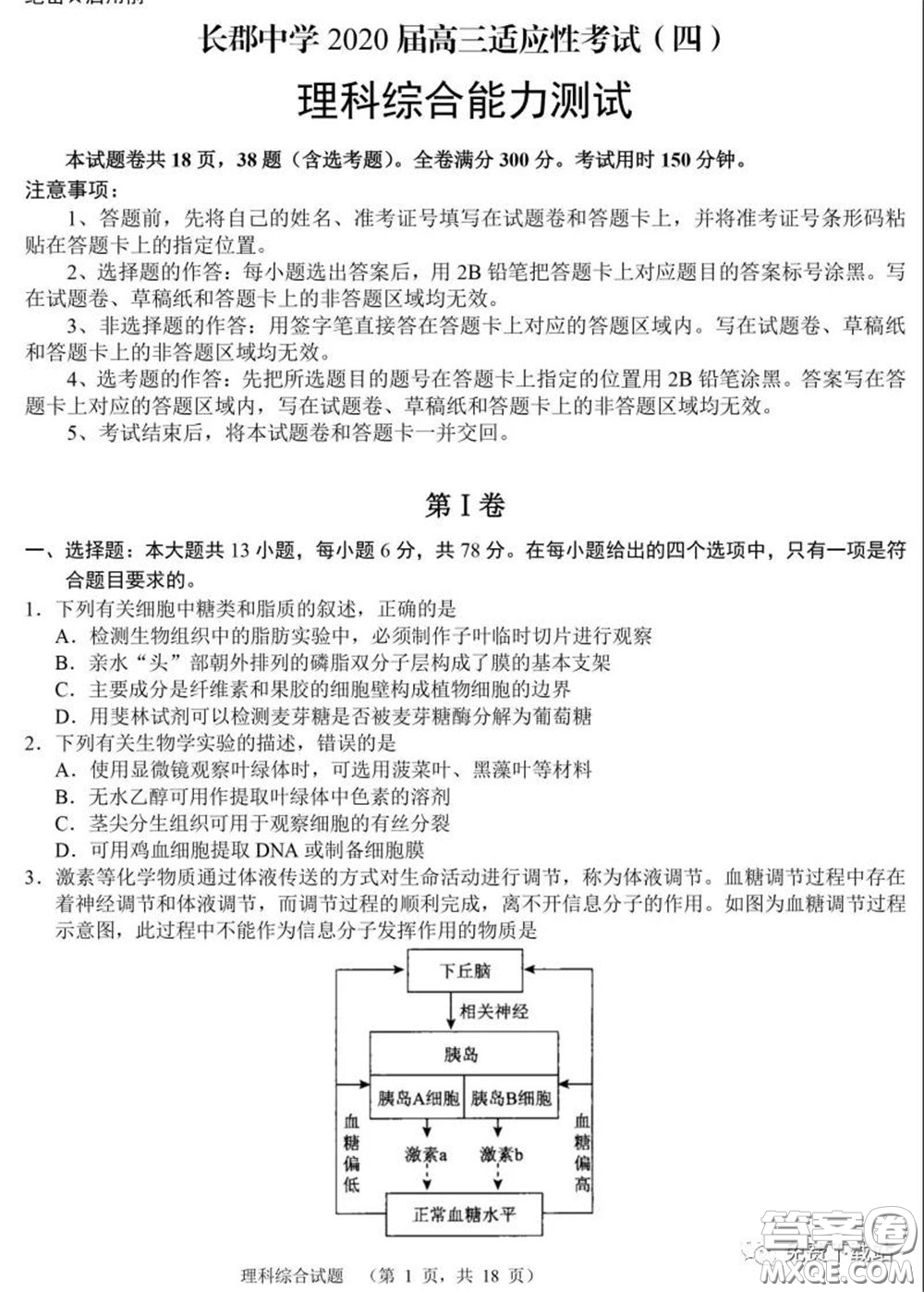 長(zhǎng)郡中學(xué)2020屆高三適應(yīng)性考試四理科綜合試題及答案