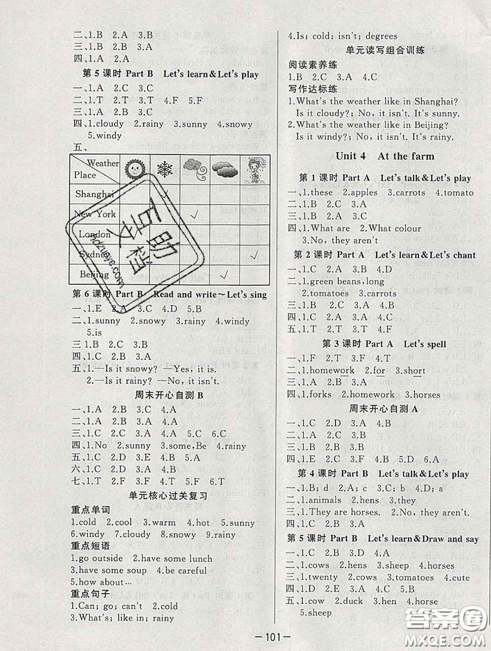 2020新版A+優(yōu)化作業(yè)本四年級(jí)英語(yǔ)下冊(cè)人教版參考答案