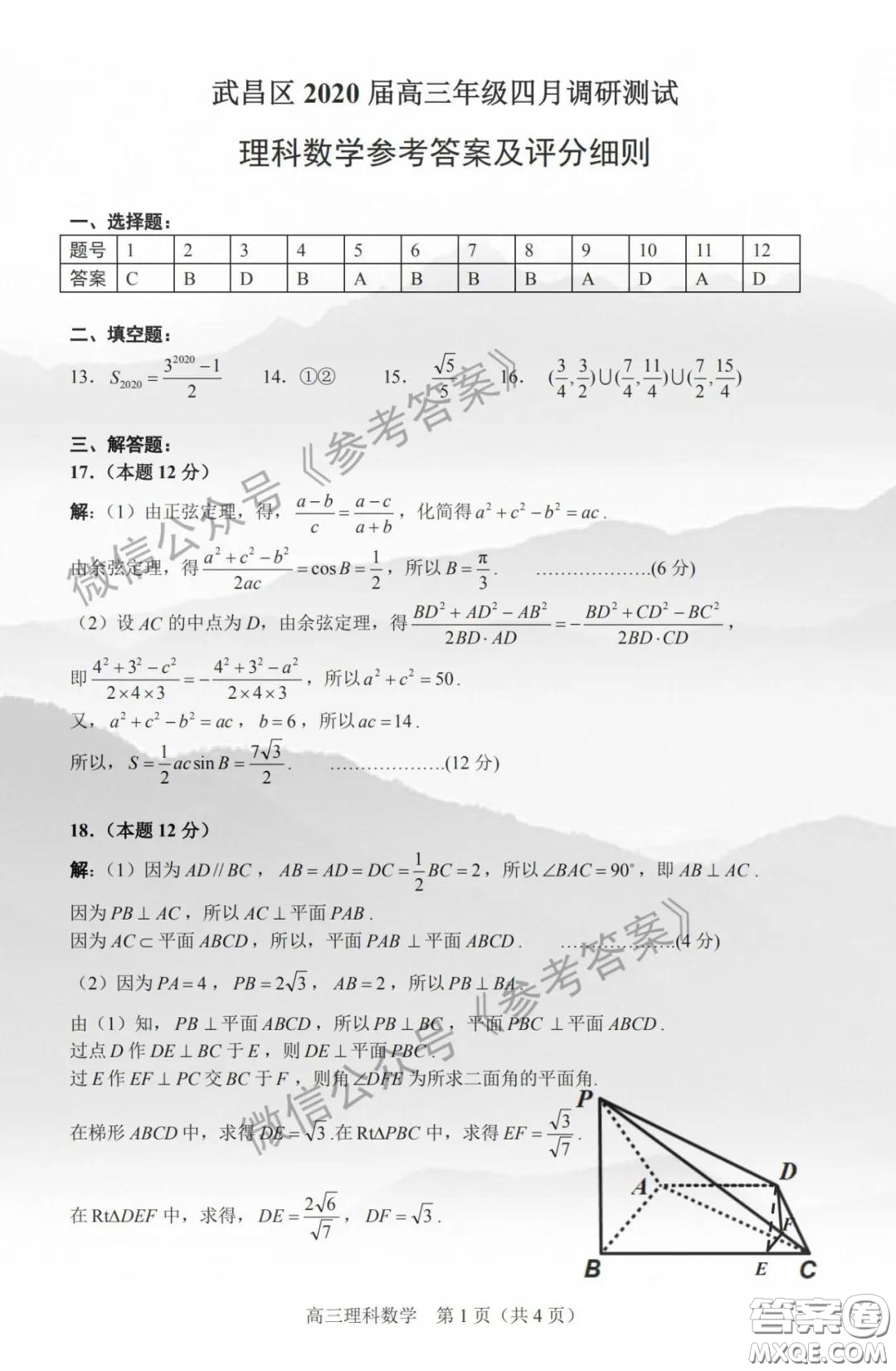 武昌區(qū)2020屆高三年級四月調考理科數學答案