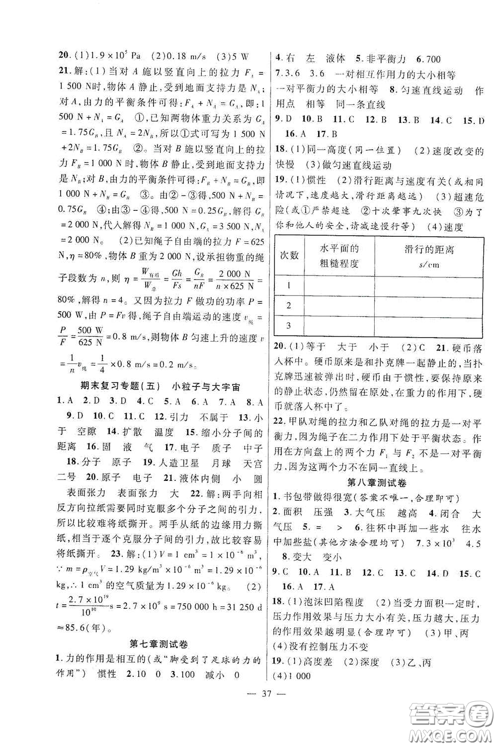 合肥大學(xué)出版社2020全頻道課時作業(yè)八年級物理下冊滬科版答案