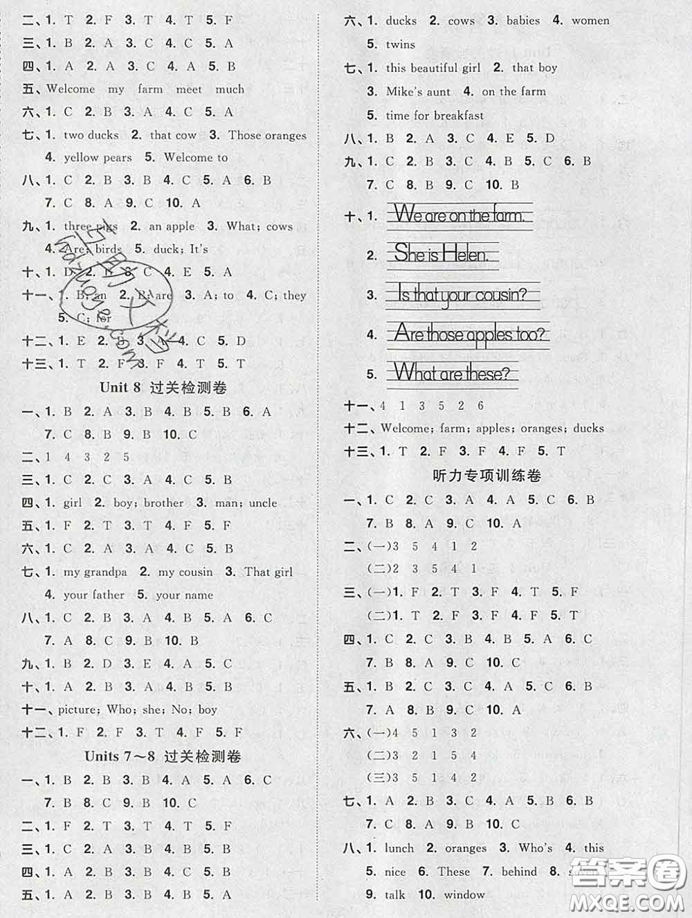 2020新版陽光同學一線名師全優(yōu)好卷三年級英語下冊譯林版答案