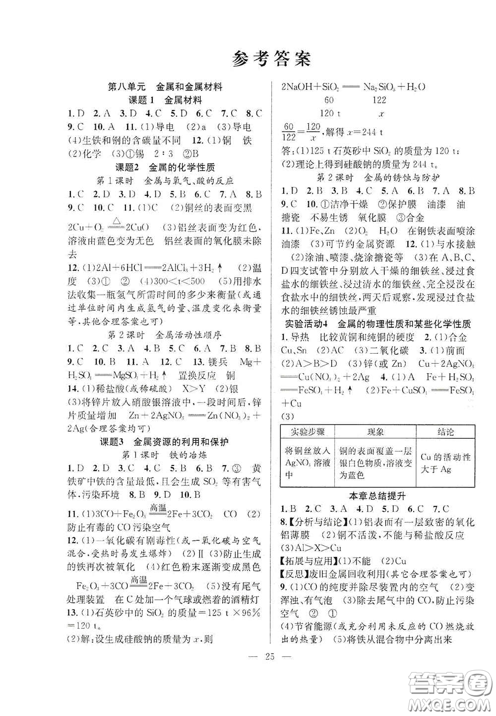 合肥大學(xué)出版社2020全頻道課時作業(yè)九年級化學(xué)下冊人教版答案