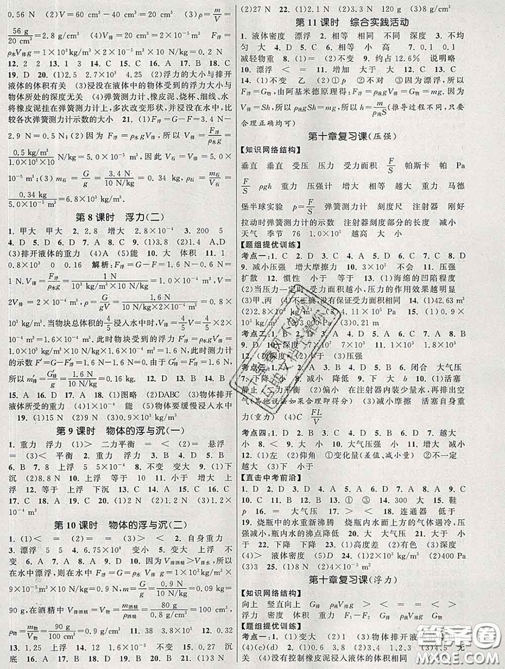 2020新版課時(shí)提優(yōu)計(jì)劃作業(yè)本八年級(jí)物理下冊(cè)蘇科版答案