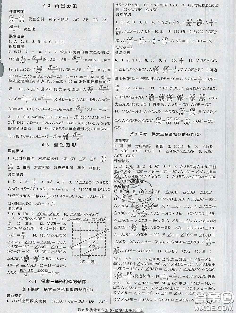 2020新版課時提優(yōu)計(jì)劃作業(yè)本九年級數(shù)學(xué)下冊蘇科版答案