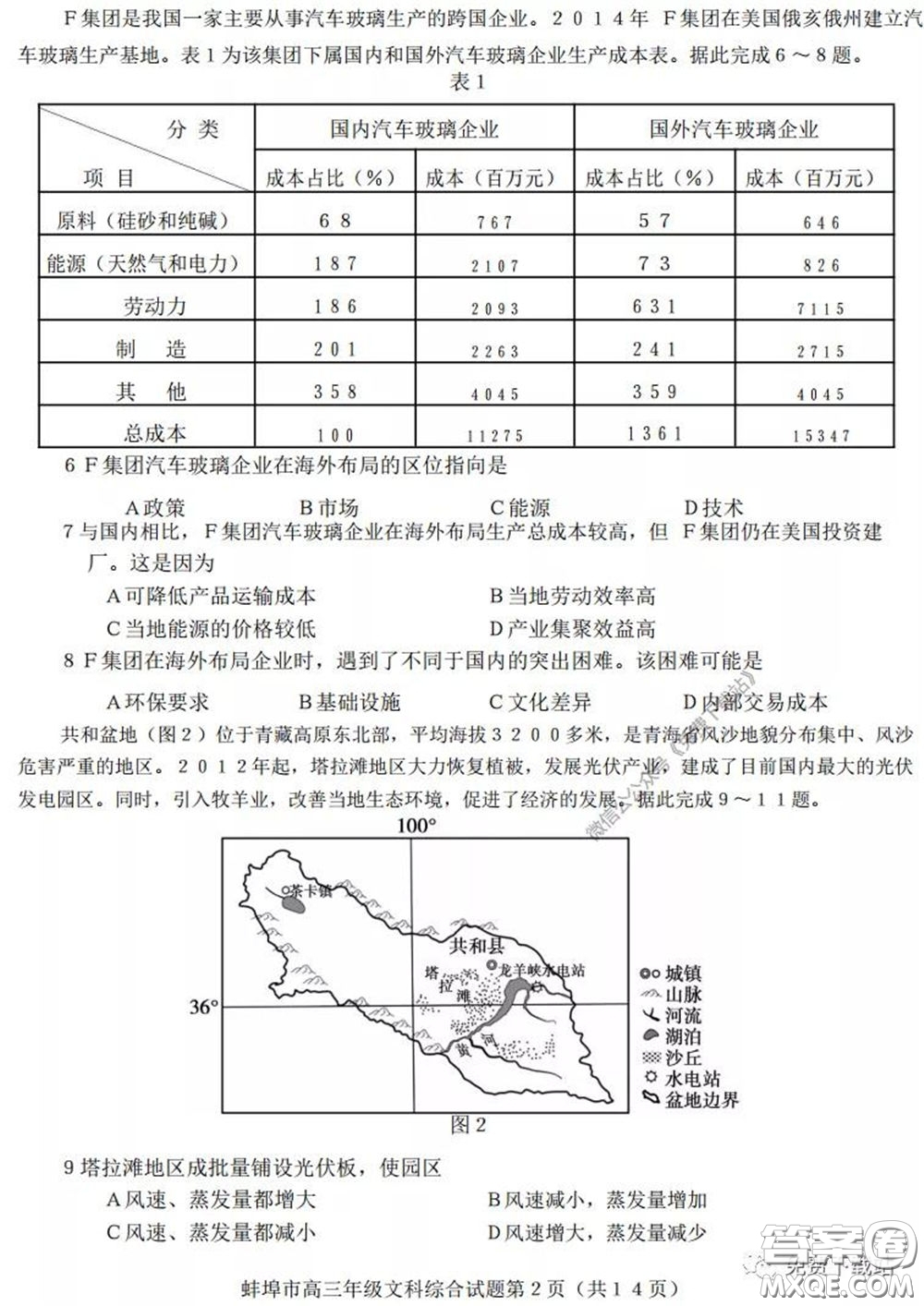 蚌埠市2020屆高三年級第三次教學質(zhì)量檢查考試文科綜合試題及答案