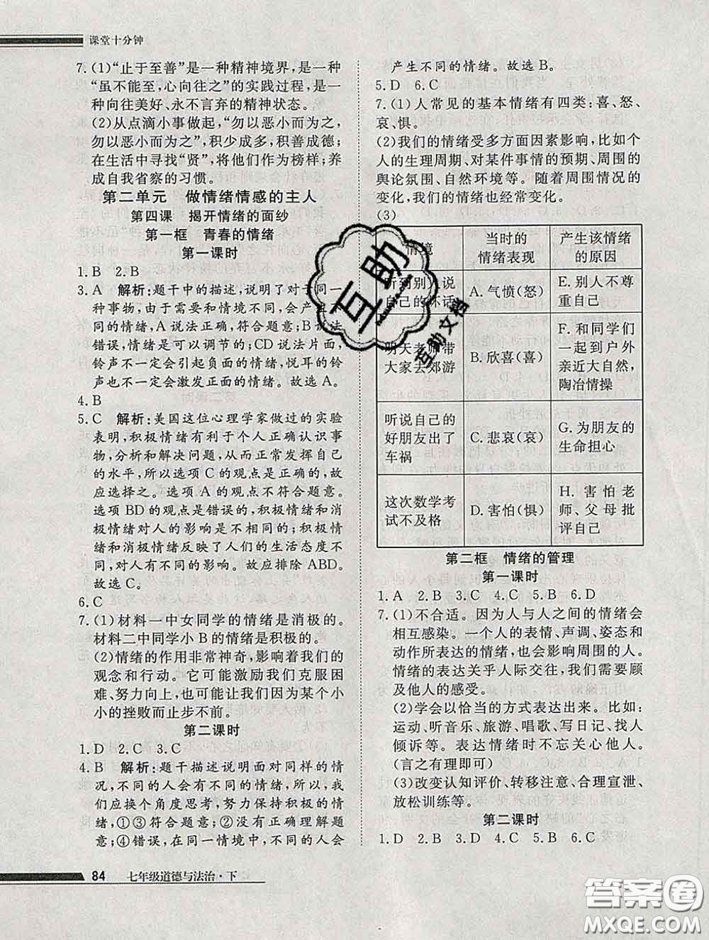 2020一川教育學(xué)考A+課堂檢測10分鐘七年級道德與法治下冊人教版答案