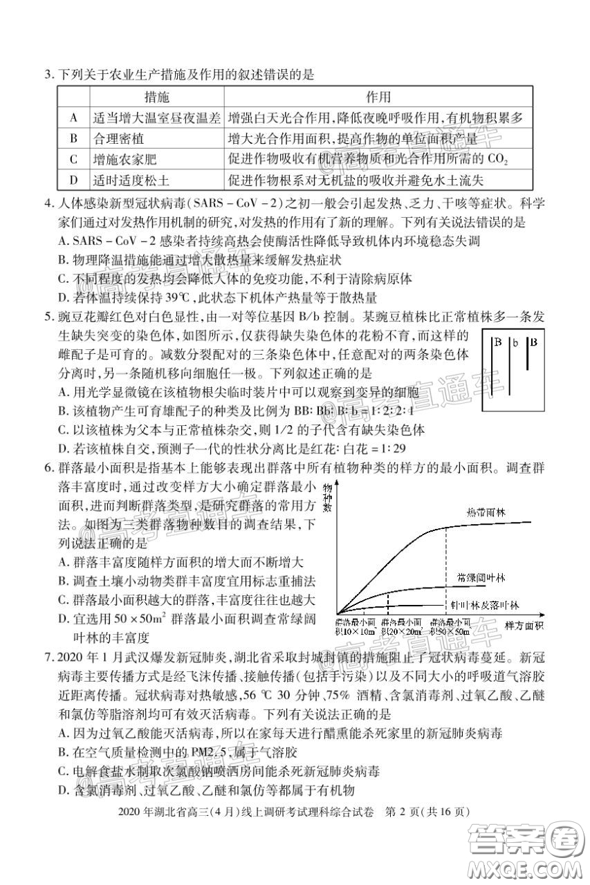 2020年湖北省高三4月線上調(diào)研考試?yán)砜瓶凭C合試題及答案