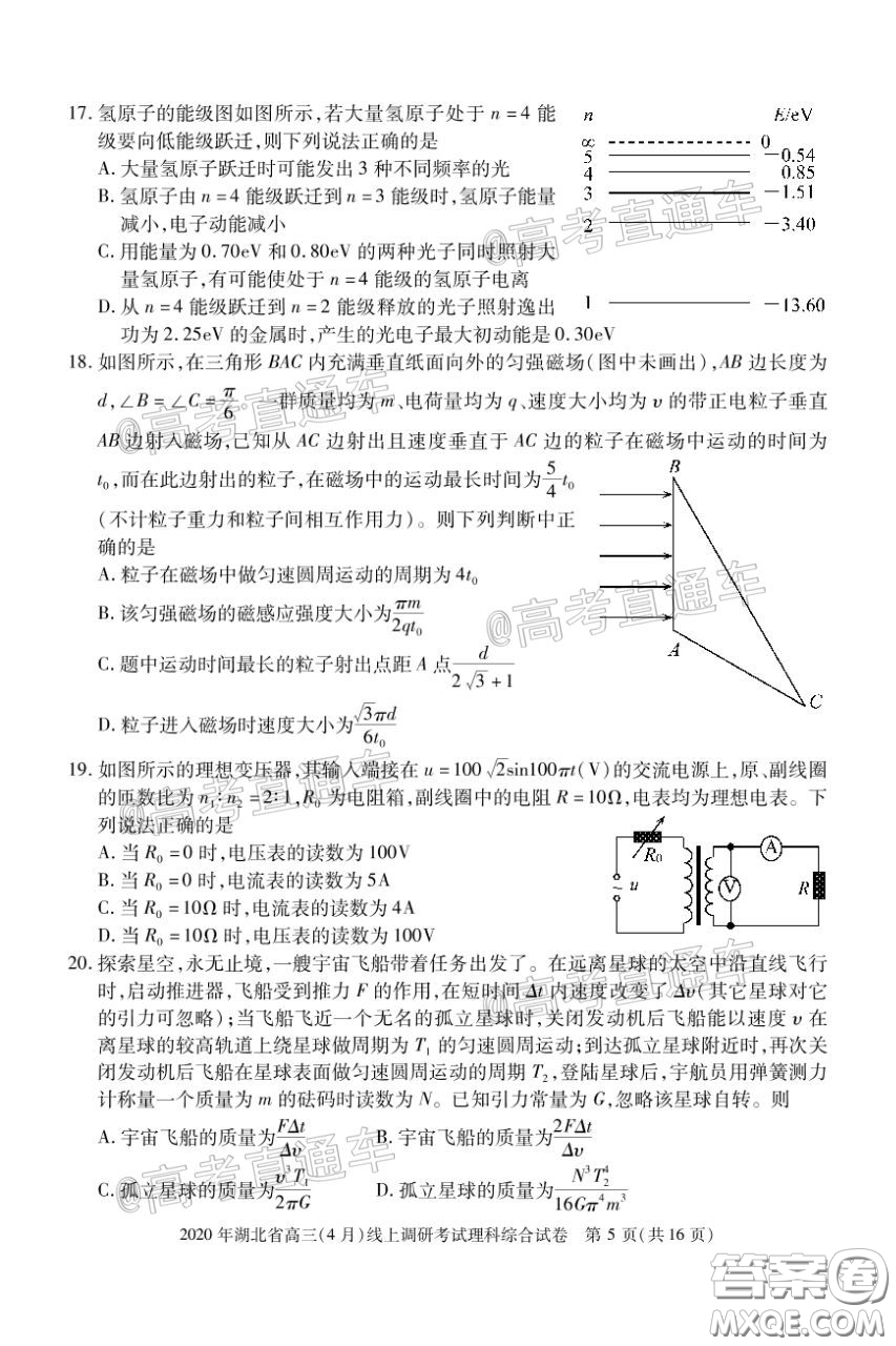 2020年湖北省高三4月線上調(diào)研考試?yán)砜瓶凭C合試題及答案