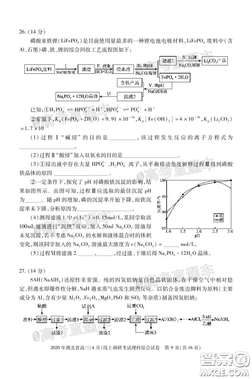 2020年湖北省高三4月線上調(diào)研考試?yán)砜瓶凭C合試題及答案