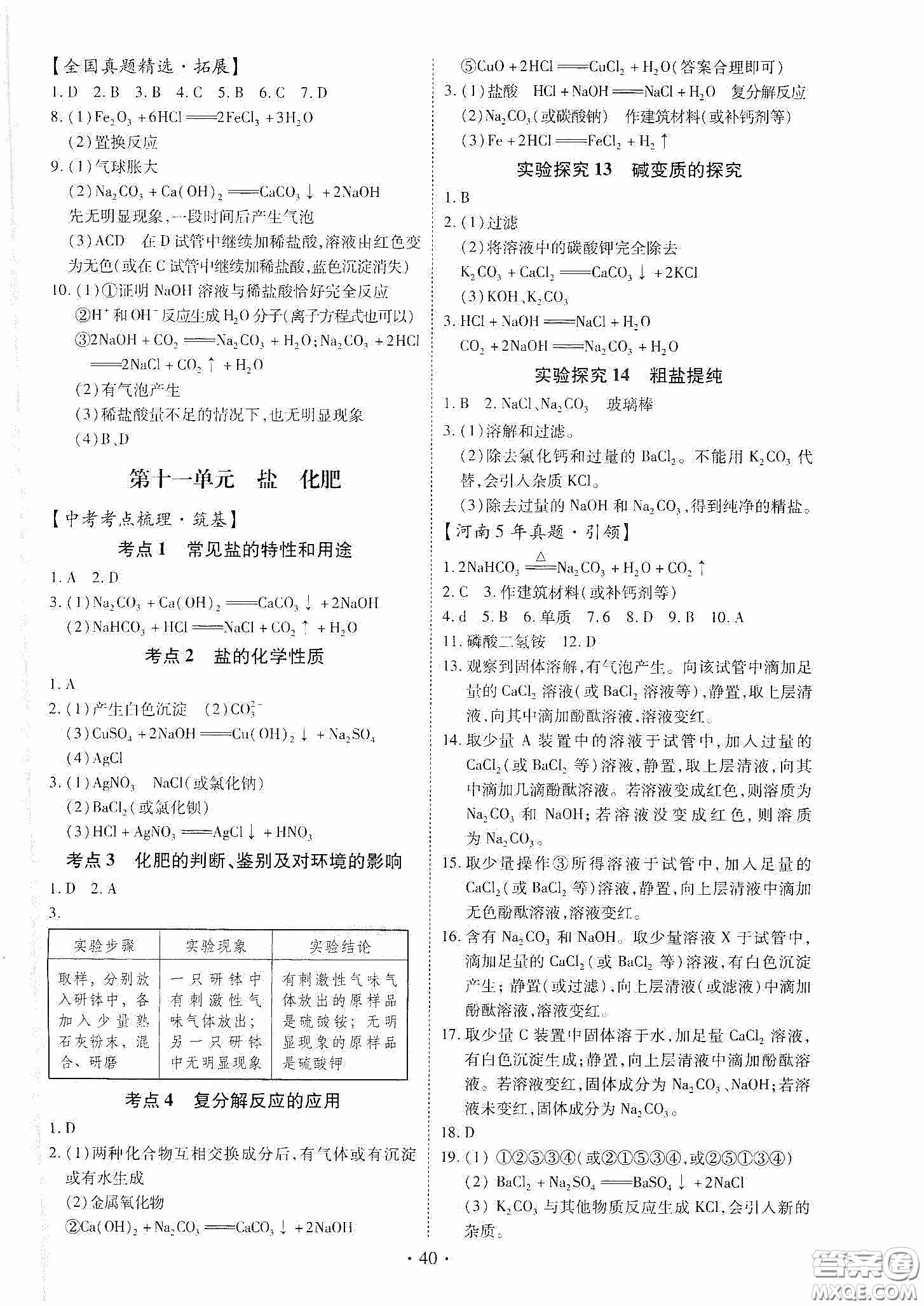 2020河南省初中畢業(yè)生學業(yè)考試復習指導+化學答案