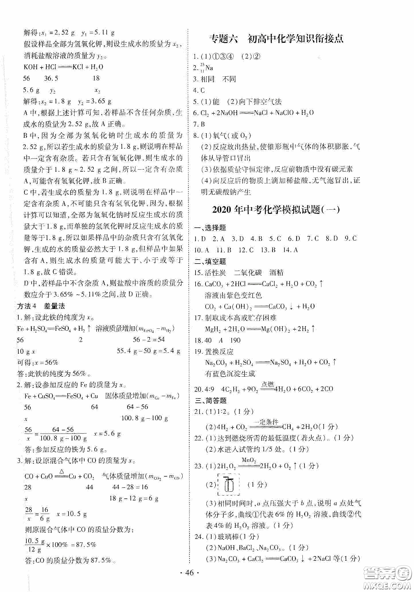 2020河南省初中畢業(yè)生學業(yè)考試復習指導+化學答案