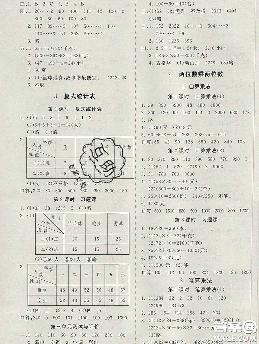 2020新版同步精練三年級(jí)數(shù)學(xué)下冊(cè)人教版參考答案