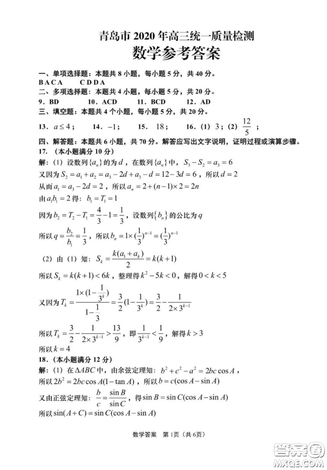 青島市2020年高三統(tǒng)一質(zhì)量檢測(cè)數(shù)學(xué)試題及答案