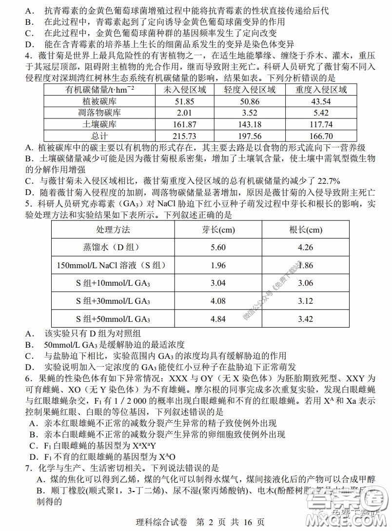 湖南湖北四校2020屆高三學(xué)情調(diào)研聯(lián)考理科綜合試題及答案