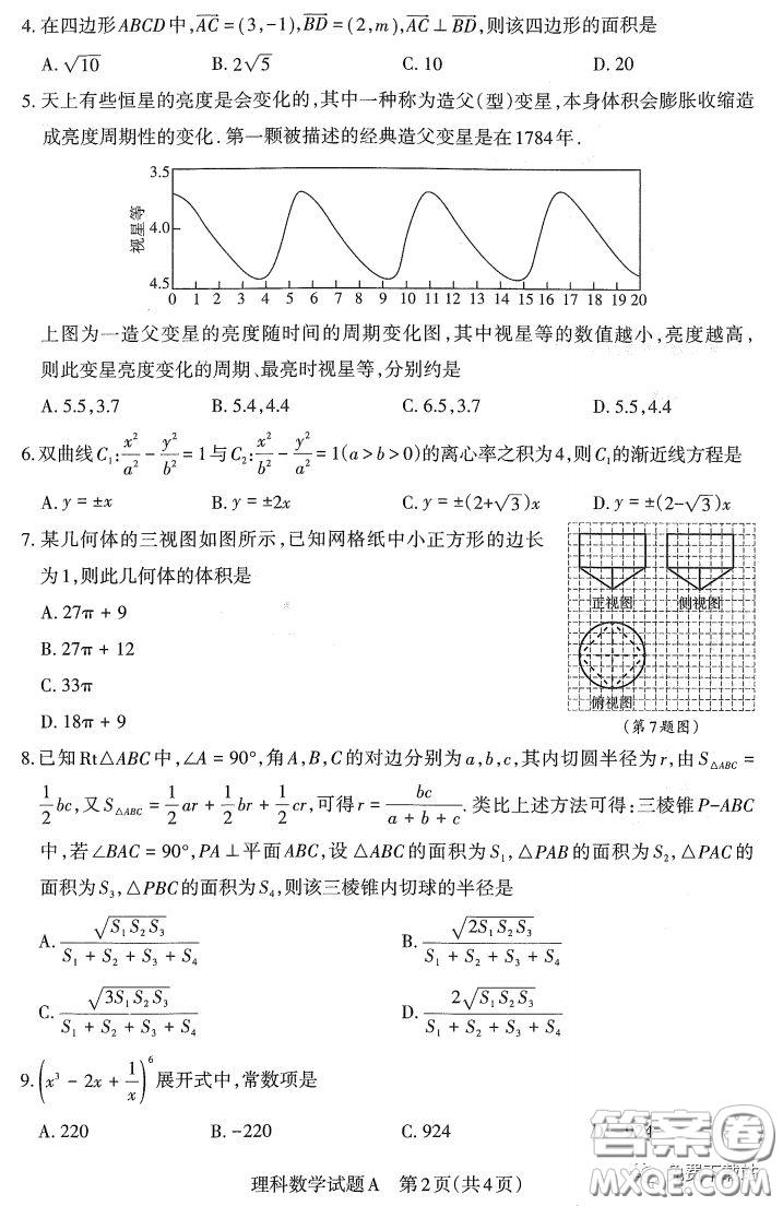 2020年4月山西省高考考前適應(yīng)性測(cè)試?yán)頂?shù)試題及答案