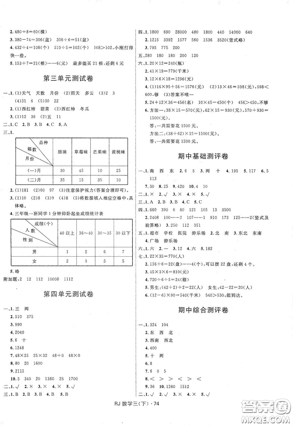 2020創(chuàng)新與探究測試卷三年級數(shù)學下冊人教版答案