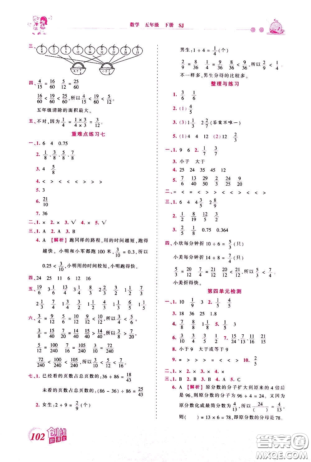 2020年王朝霞創(chuàng)維新課堂同步優(yōu)化訓(xùn)練數(shù)學(xué)五年級(jí)下冊(cè)SJ蘇教版參考答案