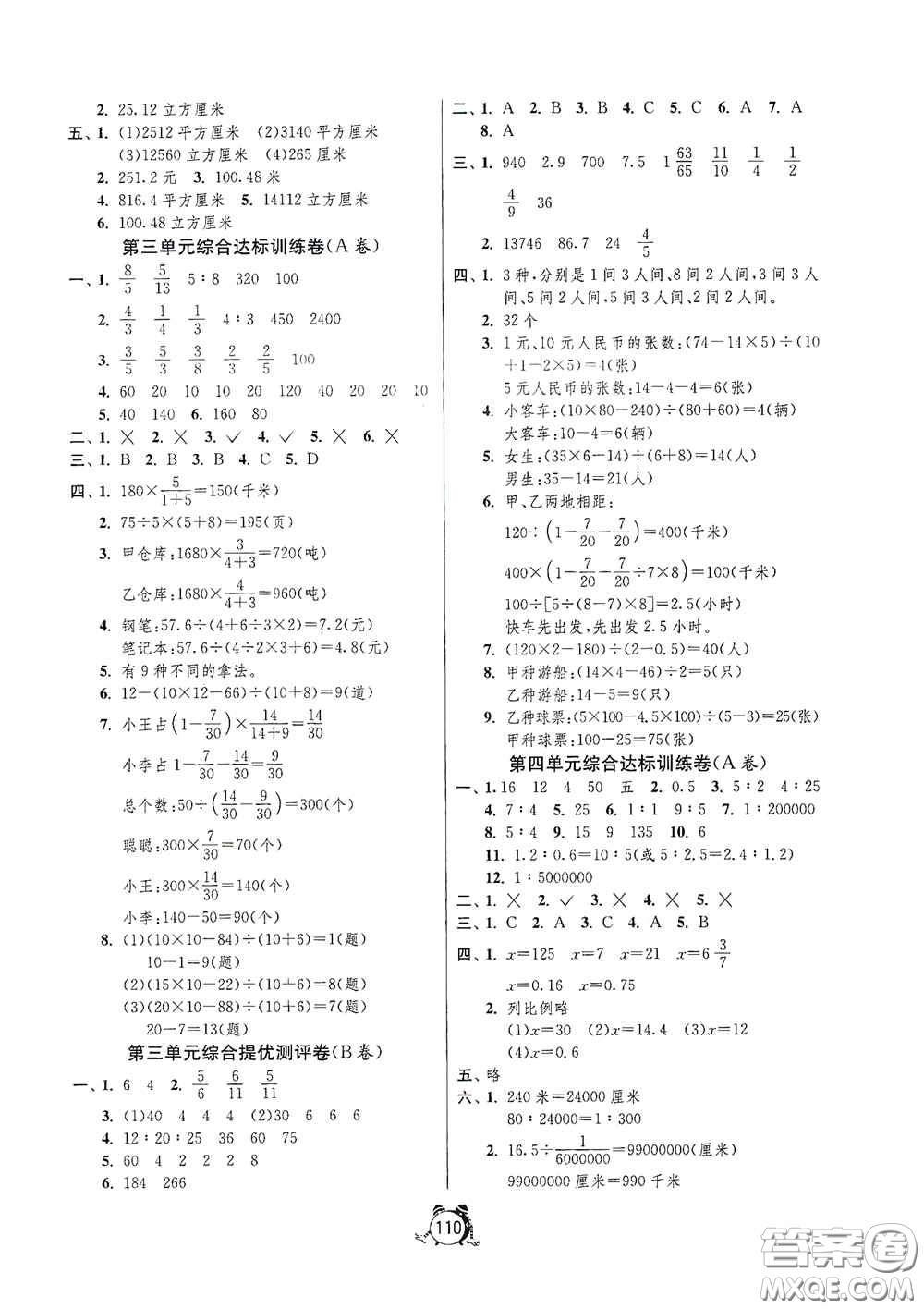 江蘇人民出版社2020提優(yōu)名卷六年級數(shù)學(xué)下冊蘇教版答案