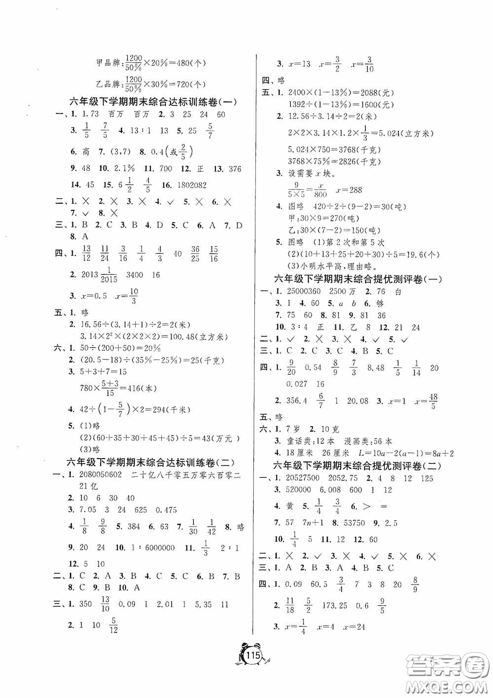 江蘇人民出版社2020提優(yōu)名卷六年級數(shù)學(xué)下冊蘇教版答案