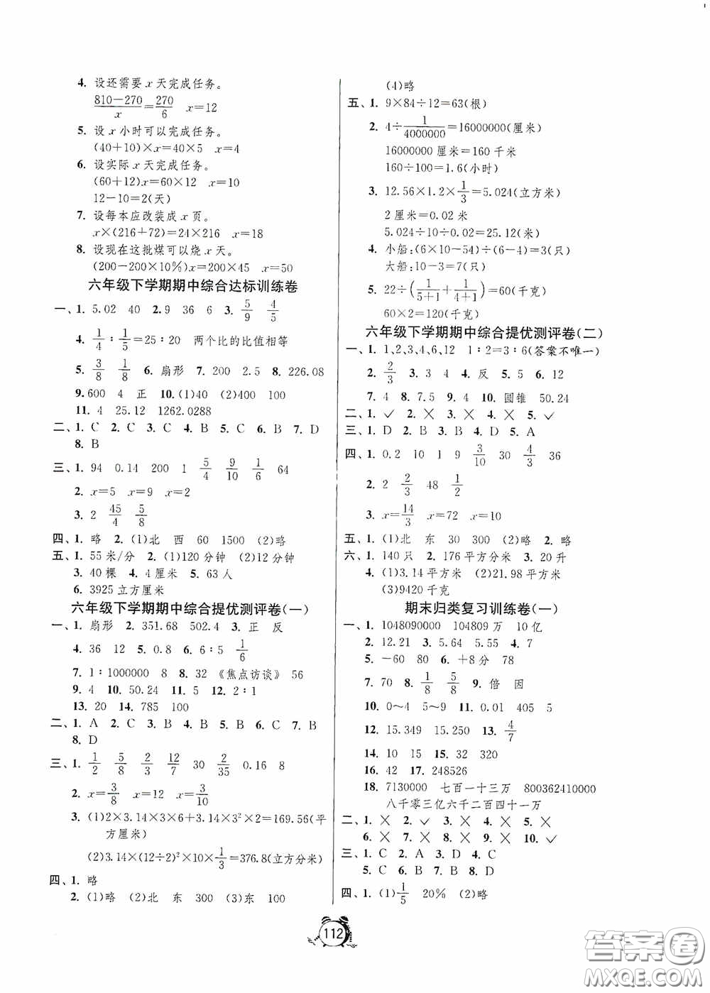 江蘇人民出版社2020提優(yōu)名卷六年級數(shù)學(xué)下冊蘇教版答案