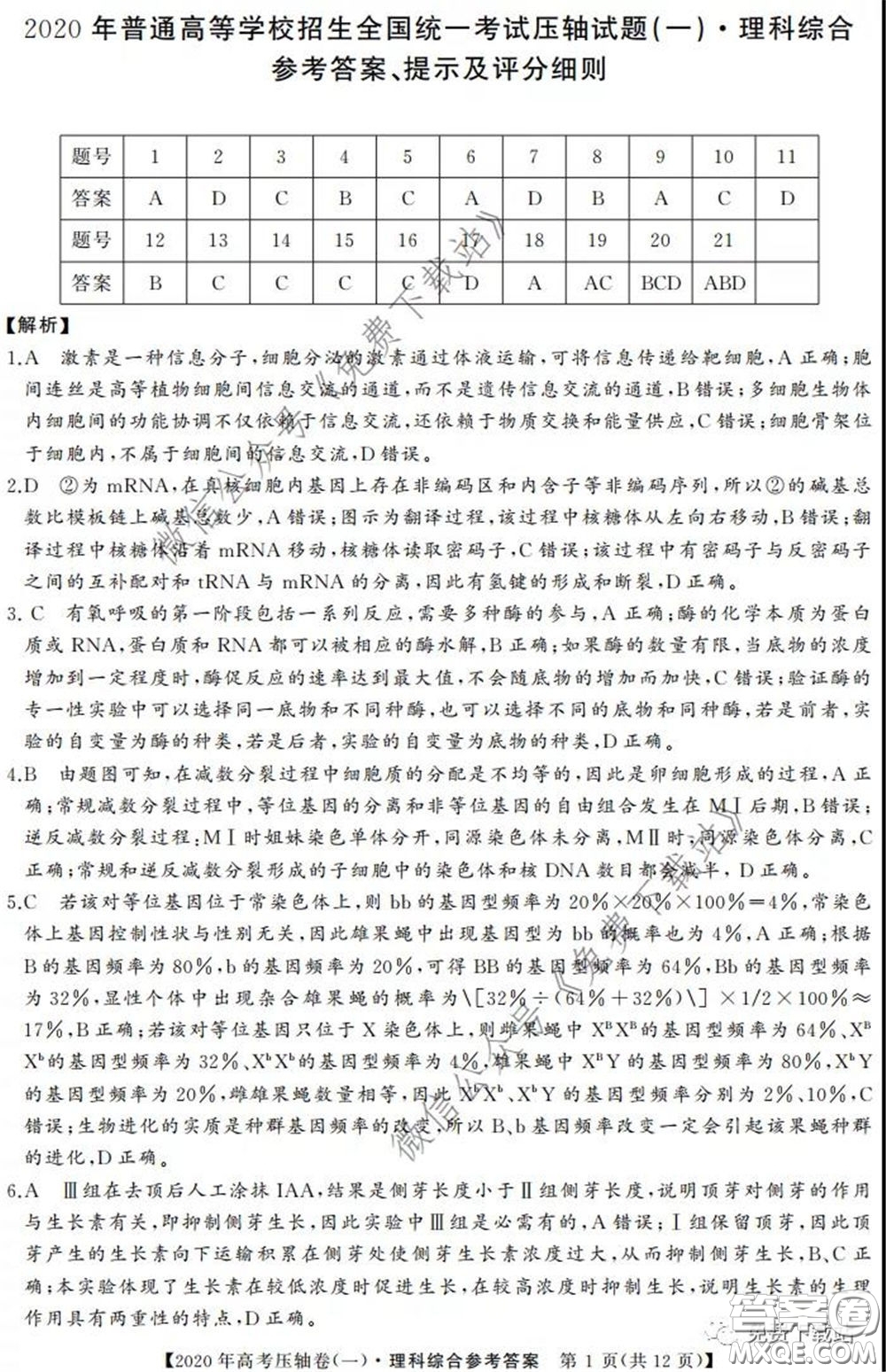 2020年普通高等學校招生全國統(tǒng)一考試壓軸試題一理科綜合答案