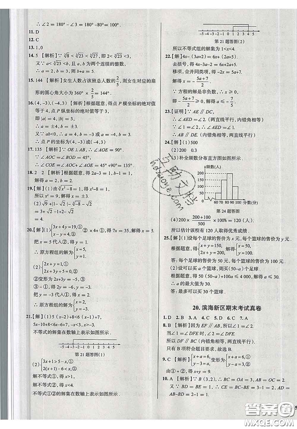 2020新版真題圈天津考生專用練考試卷七年級數(shù)學(xué)下冊答案