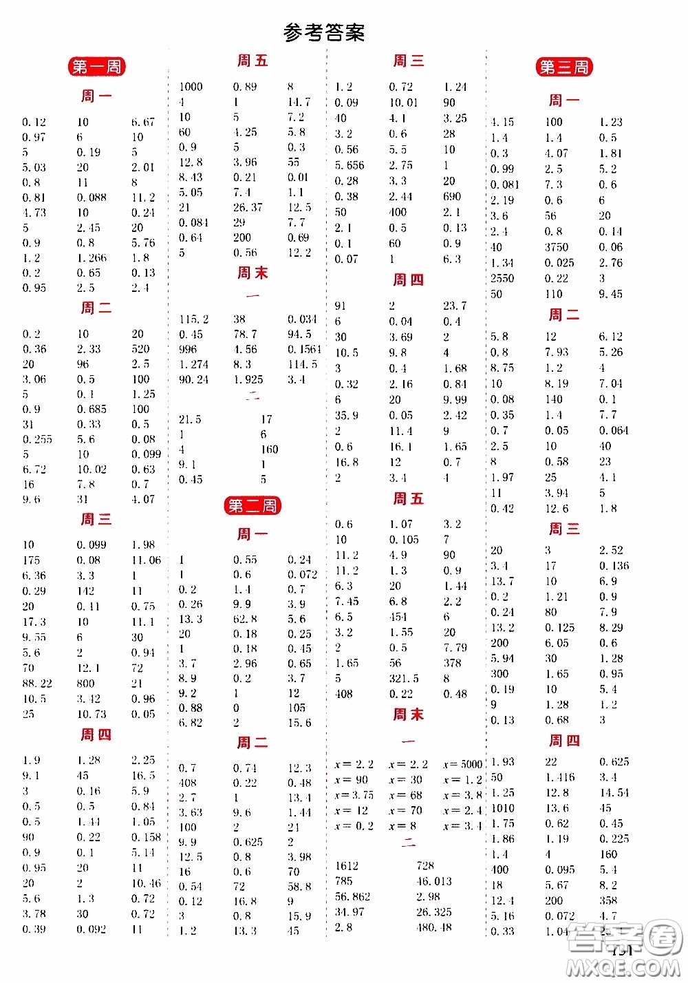 延邊人民出版社2020年小學生勵耘速算五年級下冊人教版浙江專版參考答案