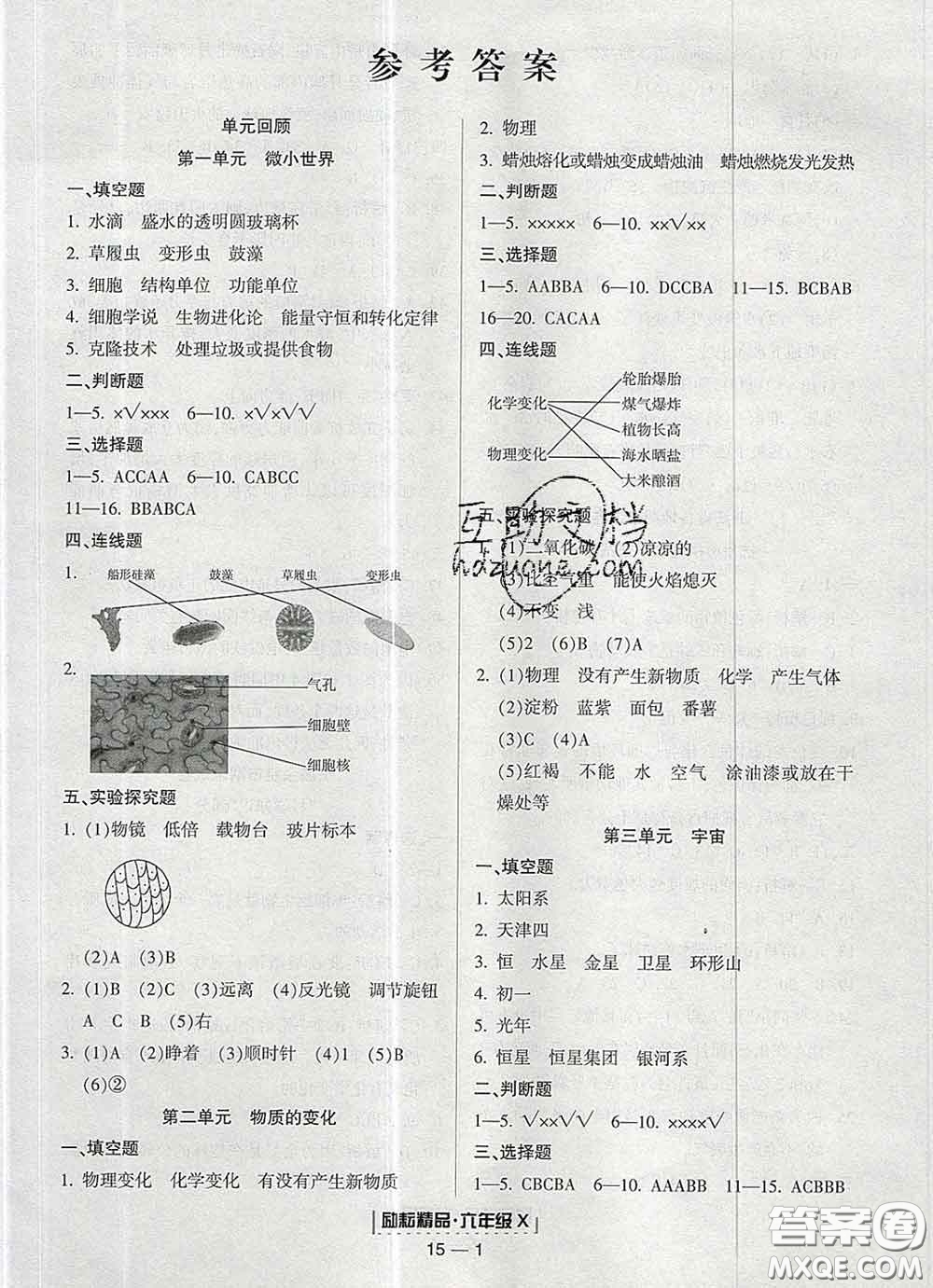 2020春勵耘書業(yè)浙江期末六年級科學(xué)下冊教科版答案