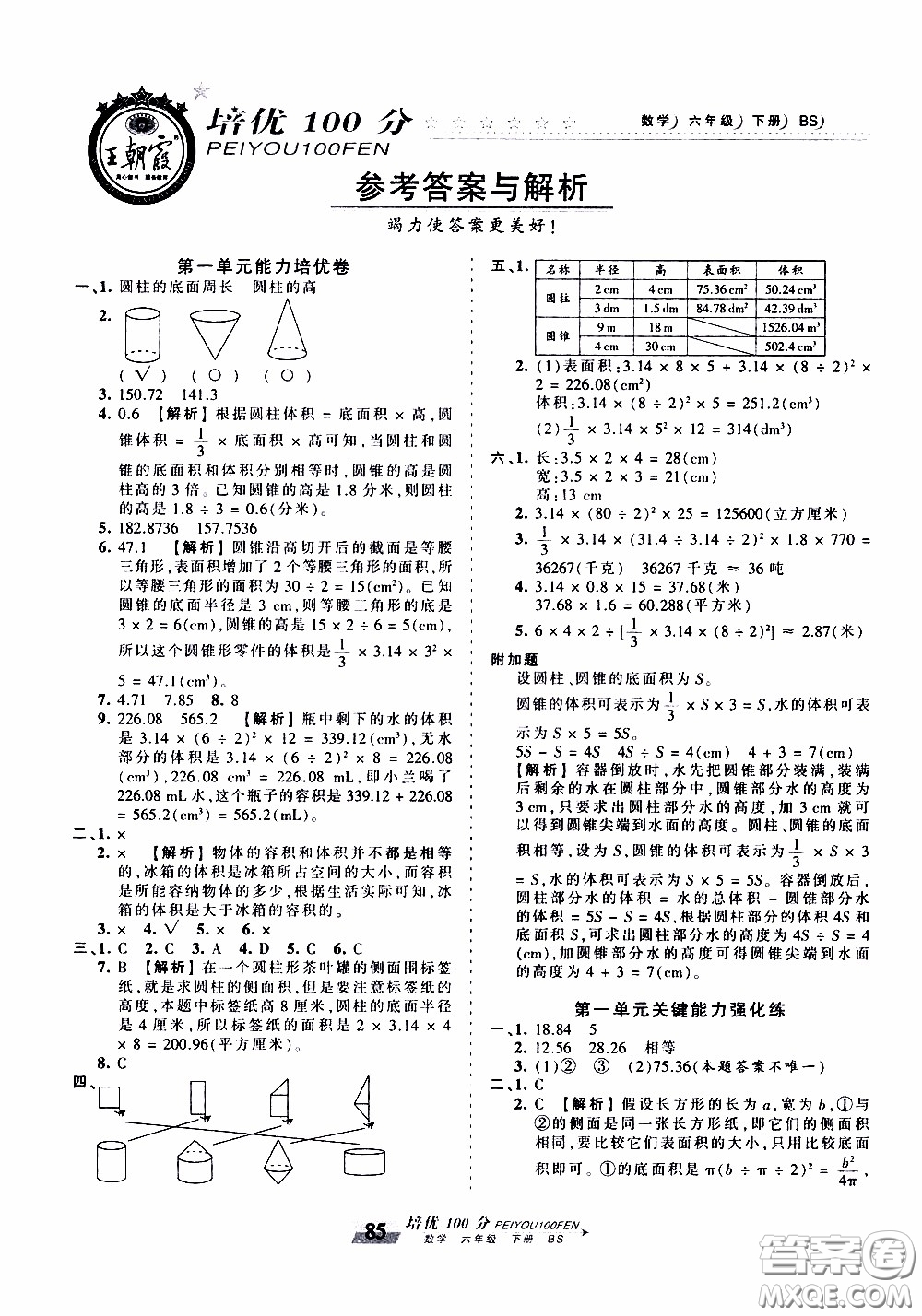 2020年王朝霞培優(yōu)100分?jǐn)?shù)學(xué)六年級下冊BS北師版參考答案