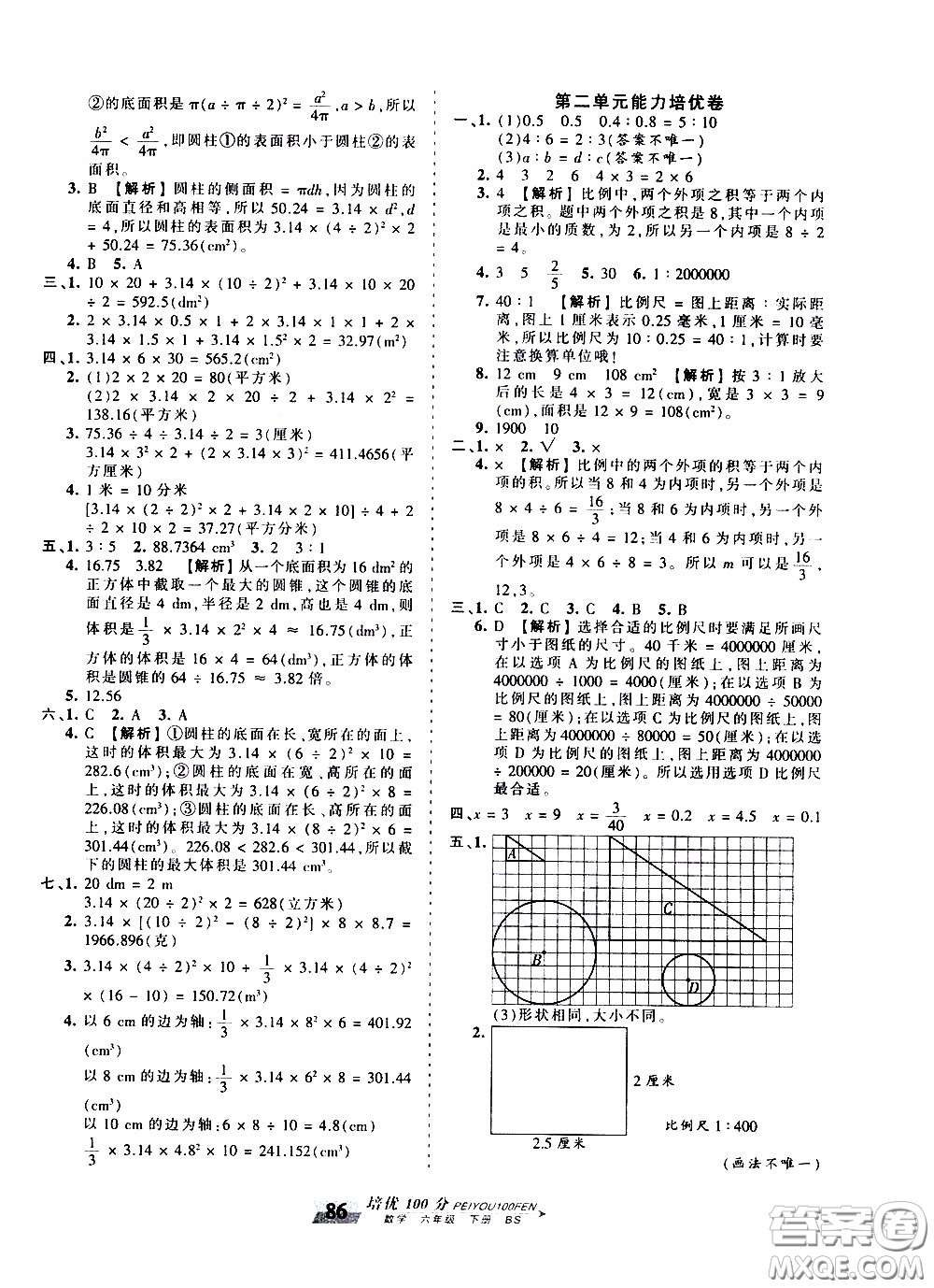 2020年王朝霞培優(yōu)100分?jǐn)?shù)學(xué)六年級下冊BS北師版參考答案