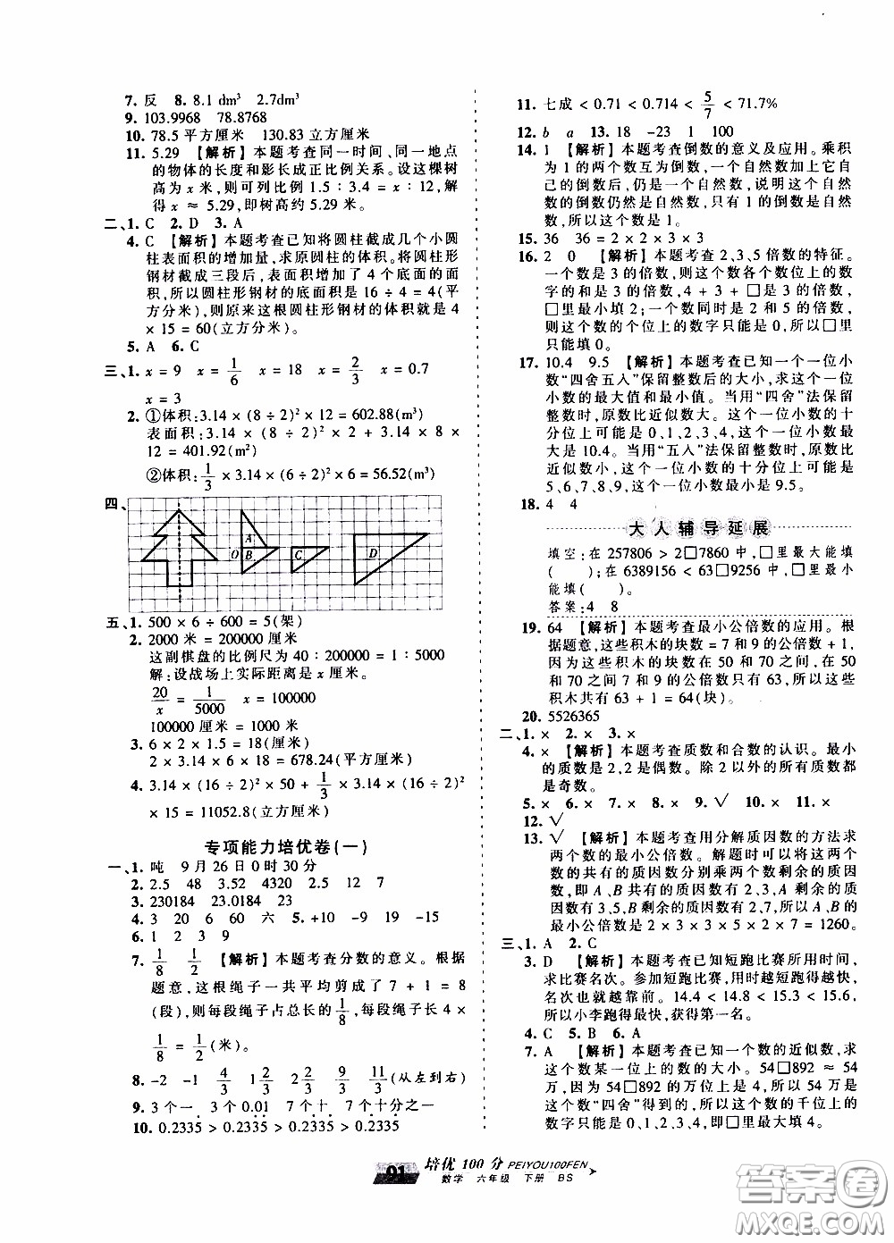 2020年王朝霞培優(yōu)100分?jǐn)?shù)學(xué)六年級下冊BS北師版參考答案