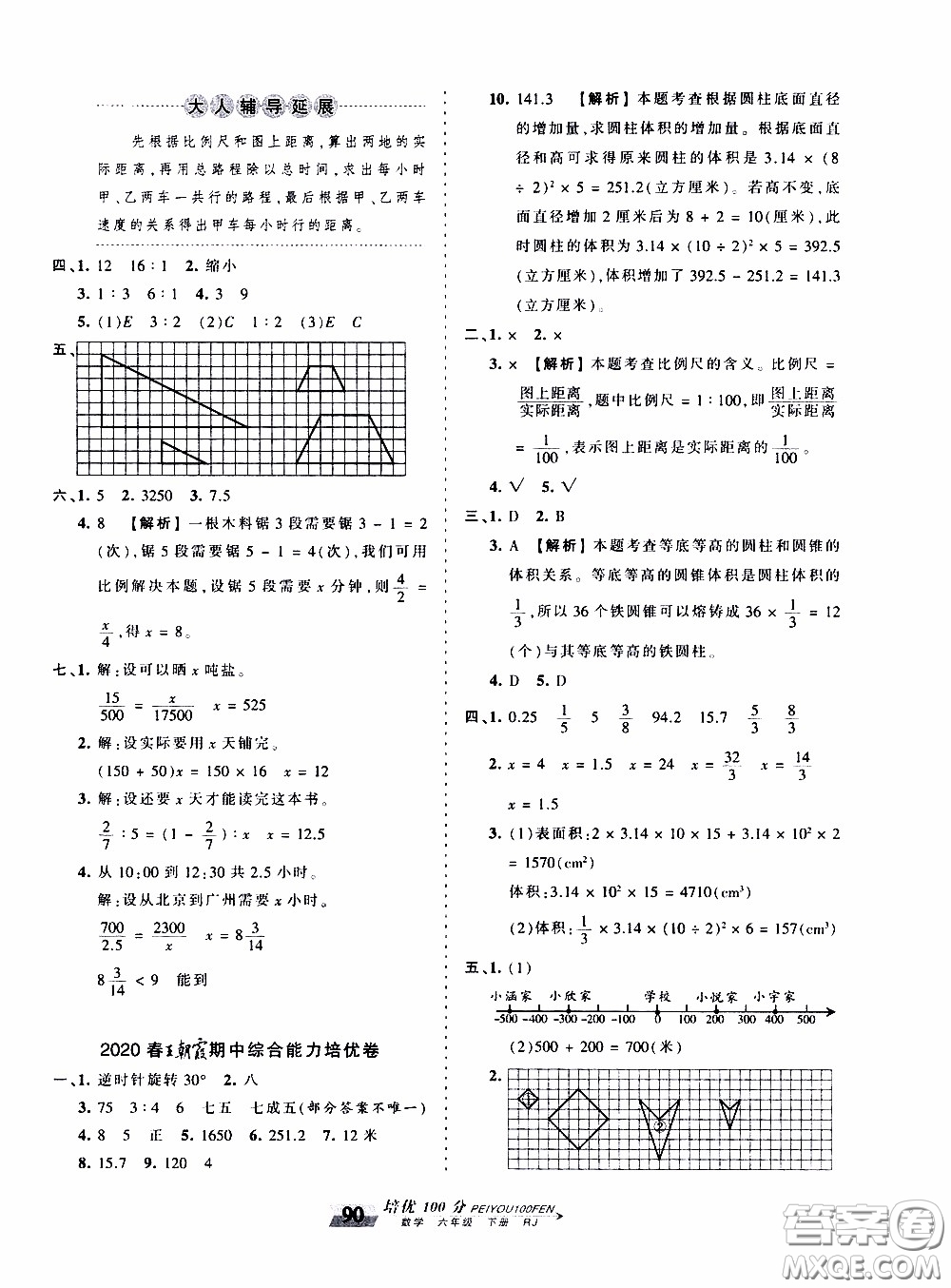 2020年王朝霞培優(yōu)100分?jǐn)?shù)學(xué)六年級(jí)下冊(cè)RJ人教版參考答案