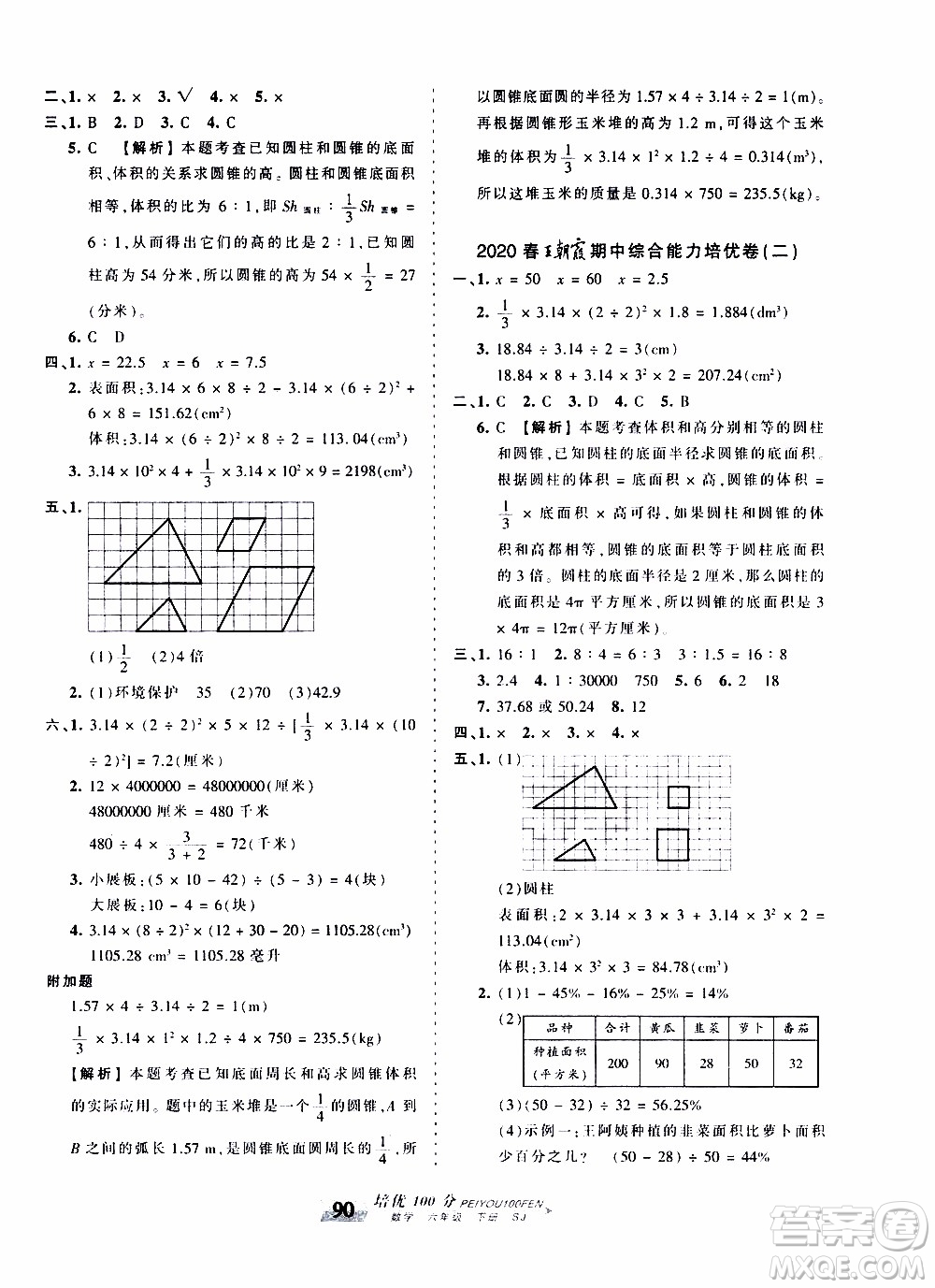 2020年王朝霞培優(yōu)100分數(shù)學六年級下冊SJ蘇教版參考答案