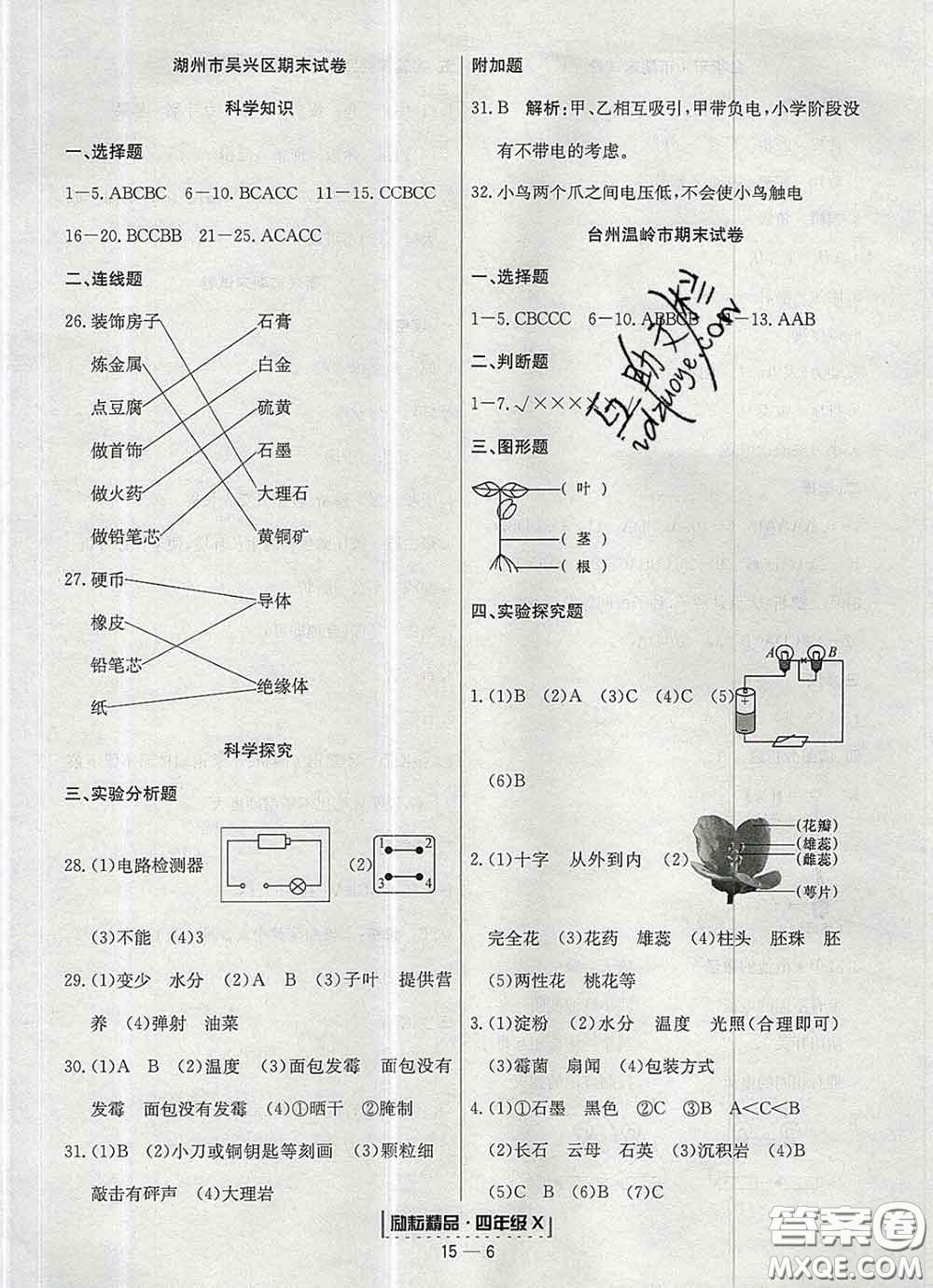 2020春勵(lì)耘書業(yè)浙江期末四年級(jí)科學(xué)下冊(cè)教科版答案