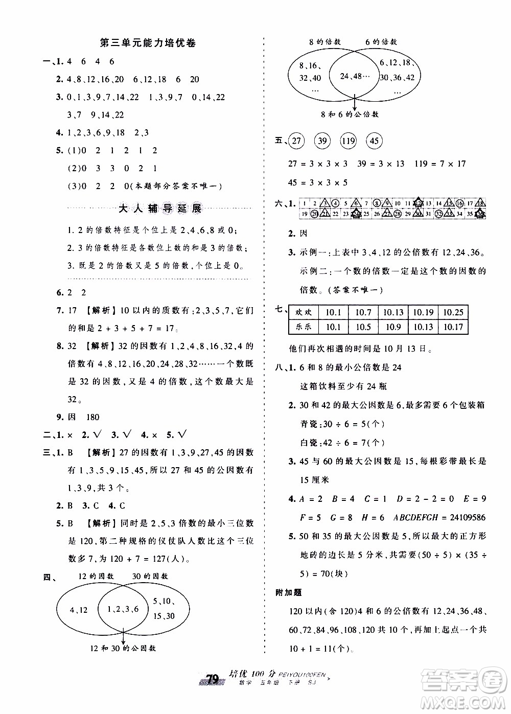 2020年王朝霞培優(yōu)100分?jǐn)?shù)學(xué)五年級下冊SJ蘇教版參考答案