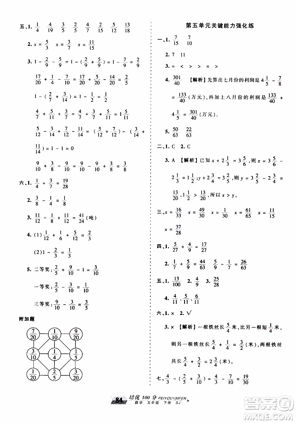 2020年王朝霞培優(yōu)100分?jǐn)?shù)學(xué)五年級下冊SJ蘇教版參考答案