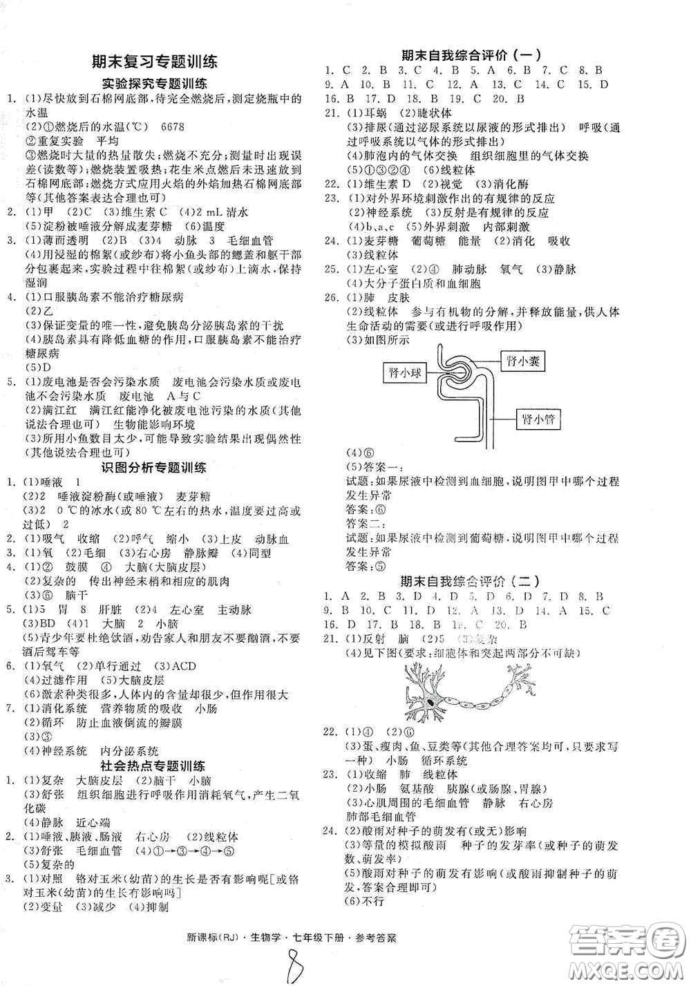 陽光出版社2020全品作業(yè)本七年級(jí)生物學(xué)下冊(cè)新課標(biāo)人教版江西省專版答案