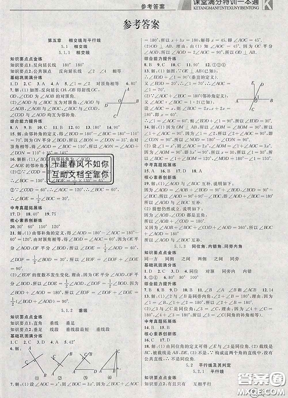 2020新版贏在課堂課堂滿分特訓(xùn)一本通七年級(jí)數(shù)學(xué)下冊(cè)人教版答案