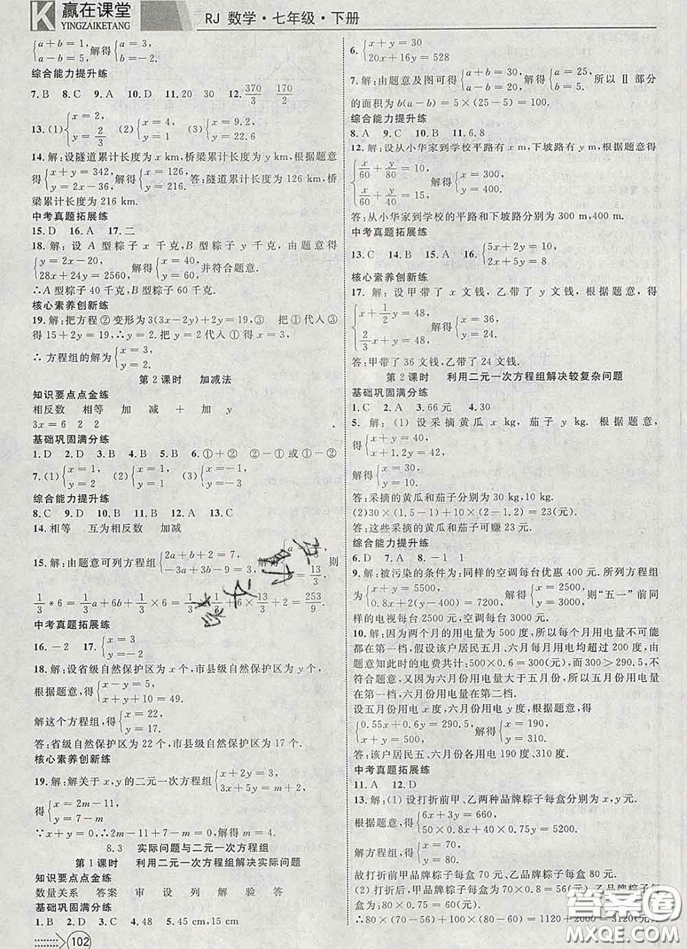 2020新版贏在課堂課堂滿分特訓(xùn)一本通七年級(jí)數(shù)學(xué)下冊(cè)人教版答案