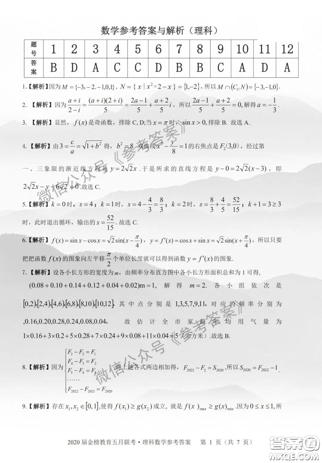 2020年皖江名校聯(lián)盟高三第六次聯(lián)考理科數(shù)學答案